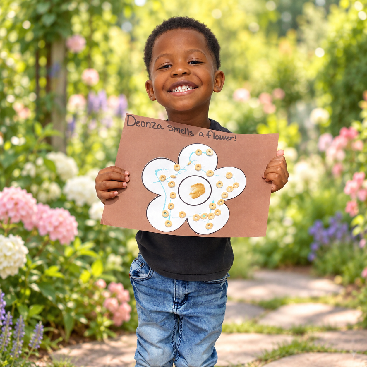 Child displaying a flower craft with a garden background