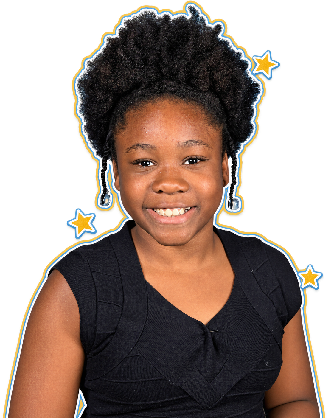 Smiling school-age child with blue-and-gold star accents